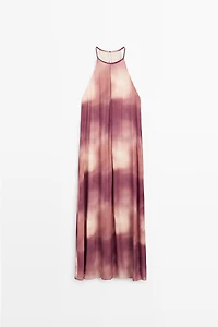 Printed tie-dye flowing halter maxi dress