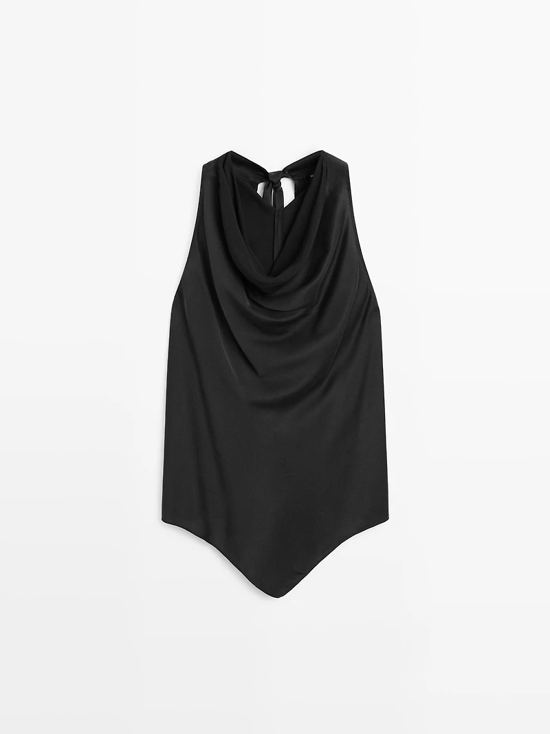 Silk blend top with cowl neck and tie