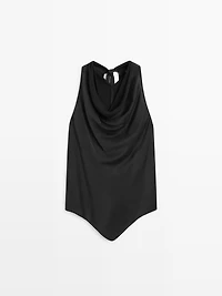 Silk blend top with cowl neck and tie