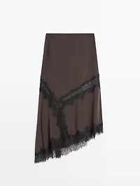 Flowing asymmetric midi skirt with lace detail