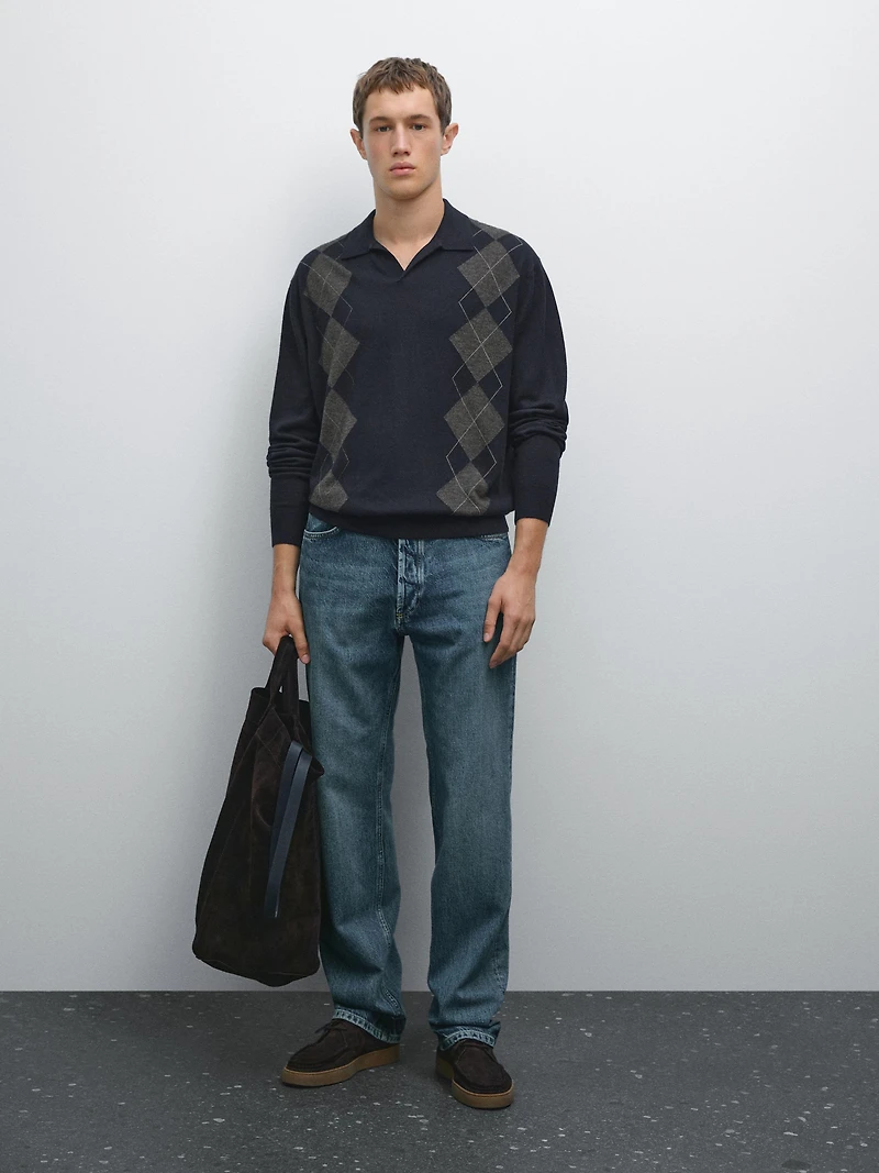 Wool blend Argyle knit polo sweater
