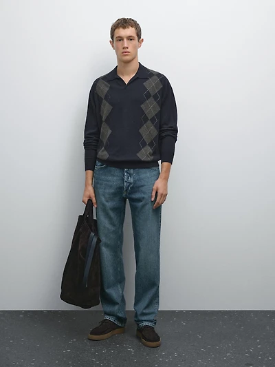 Wool blend Argyle knit polo sweater