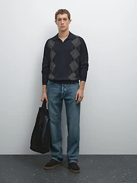 Wool blend Argyle knit polo sweater