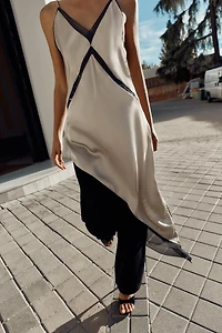 ASYMMETRIC SATIN EFFECT MIDI DRESS