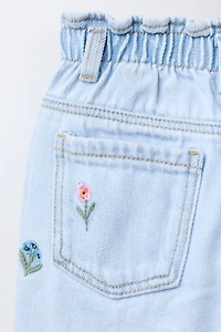 BAGGY PAPERBAG JEANS WITH EMBROIDERED FLOWERS