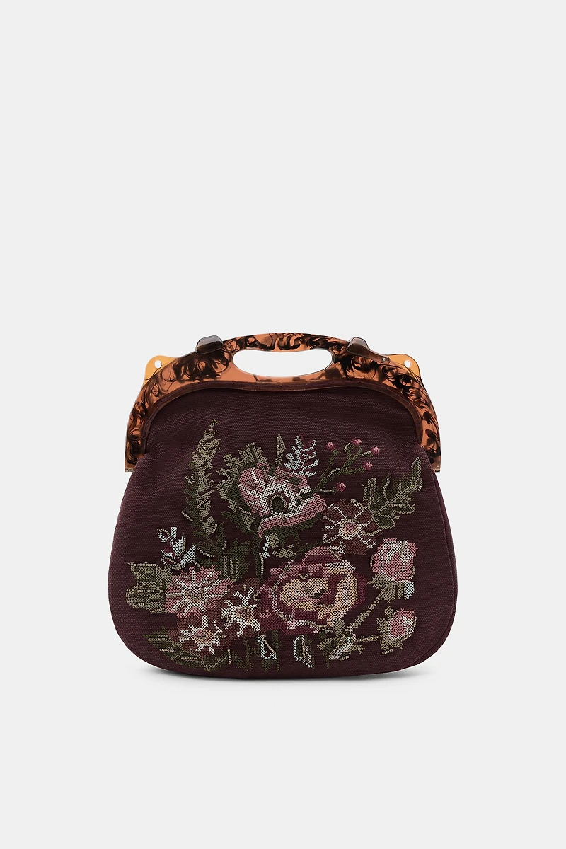 FLORAL EMBROIDERED BAG WITH TORTOISESHELL HANDLE