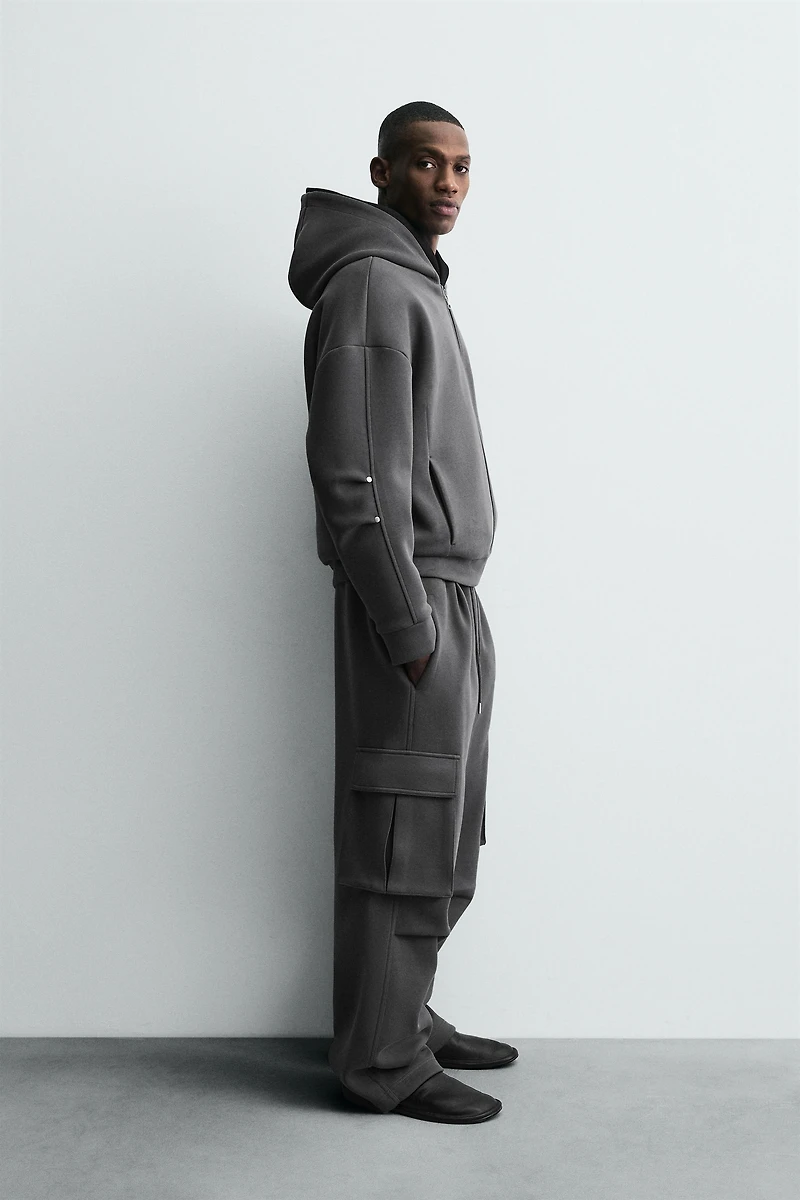 NEOPRENE EFFECT HOODIE SWEATSHIRT WITH PLEATS