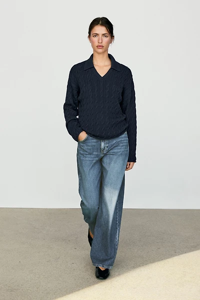 Cotton blend knit polo collar sweater