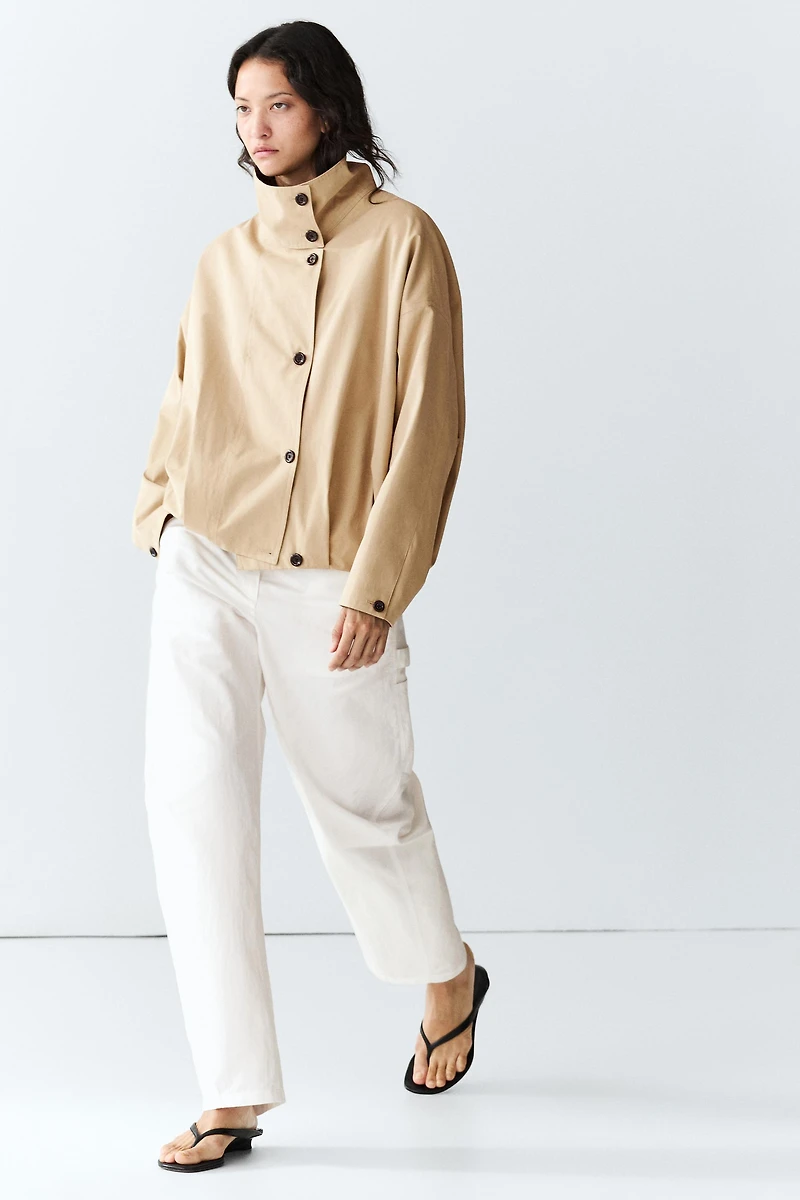 Pleated stand-collar bomber jacket