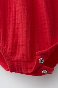 STRAWBERRY EMBROIDERED COTTON GAUZE ROMPER