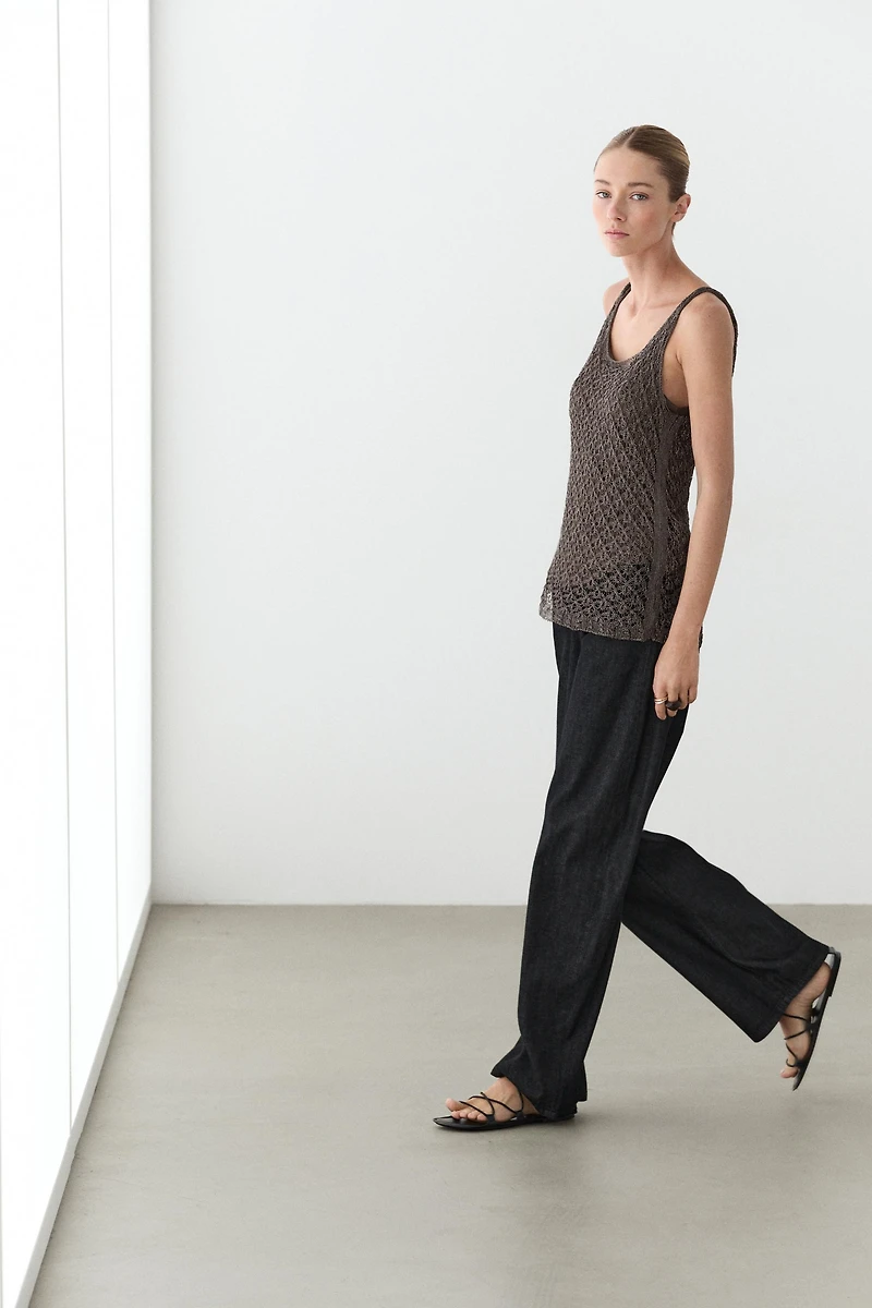 Strappy metallic mesh top