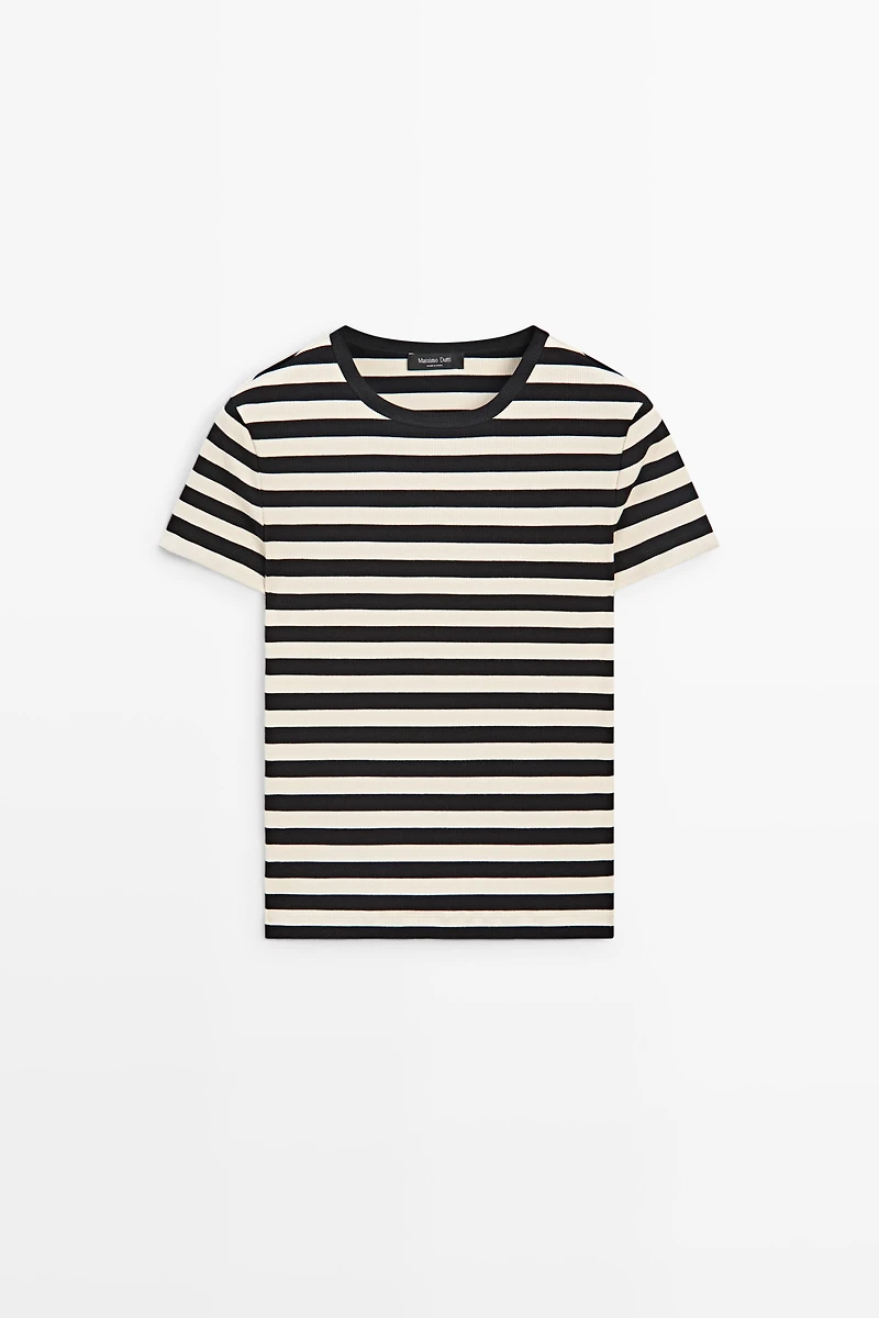 Short sleeve striped cotton blend T-shirt