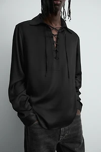 DRAWSTRING FLOWY POLO SHIRT