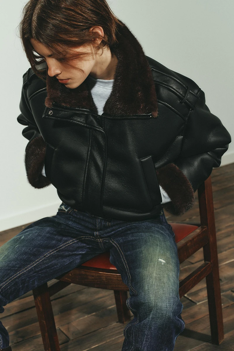 DOUBLE FACED FAUX LEATHER BOMBER JACKET