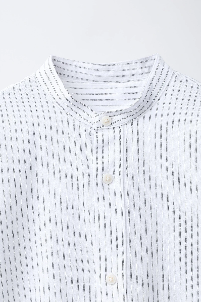 COTTON AND LINEN STRIPED MANDARIN COLLAR SHIRT