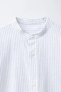 COTTON AND LINEN STRIPED MANDARIN COLLAR SHIRT