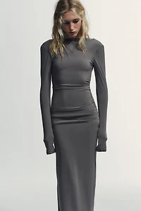 DRAPED SHOULDER PAD MIDI DRESS