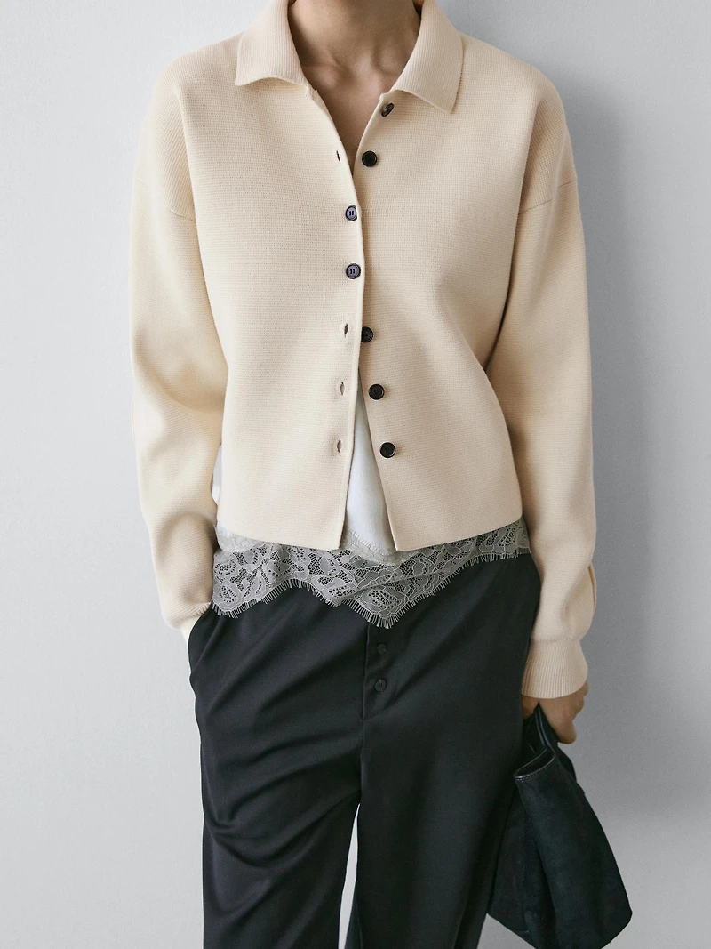 Cotton knit polo collar cardigan