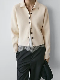 Cotton knit polo collar cardigan