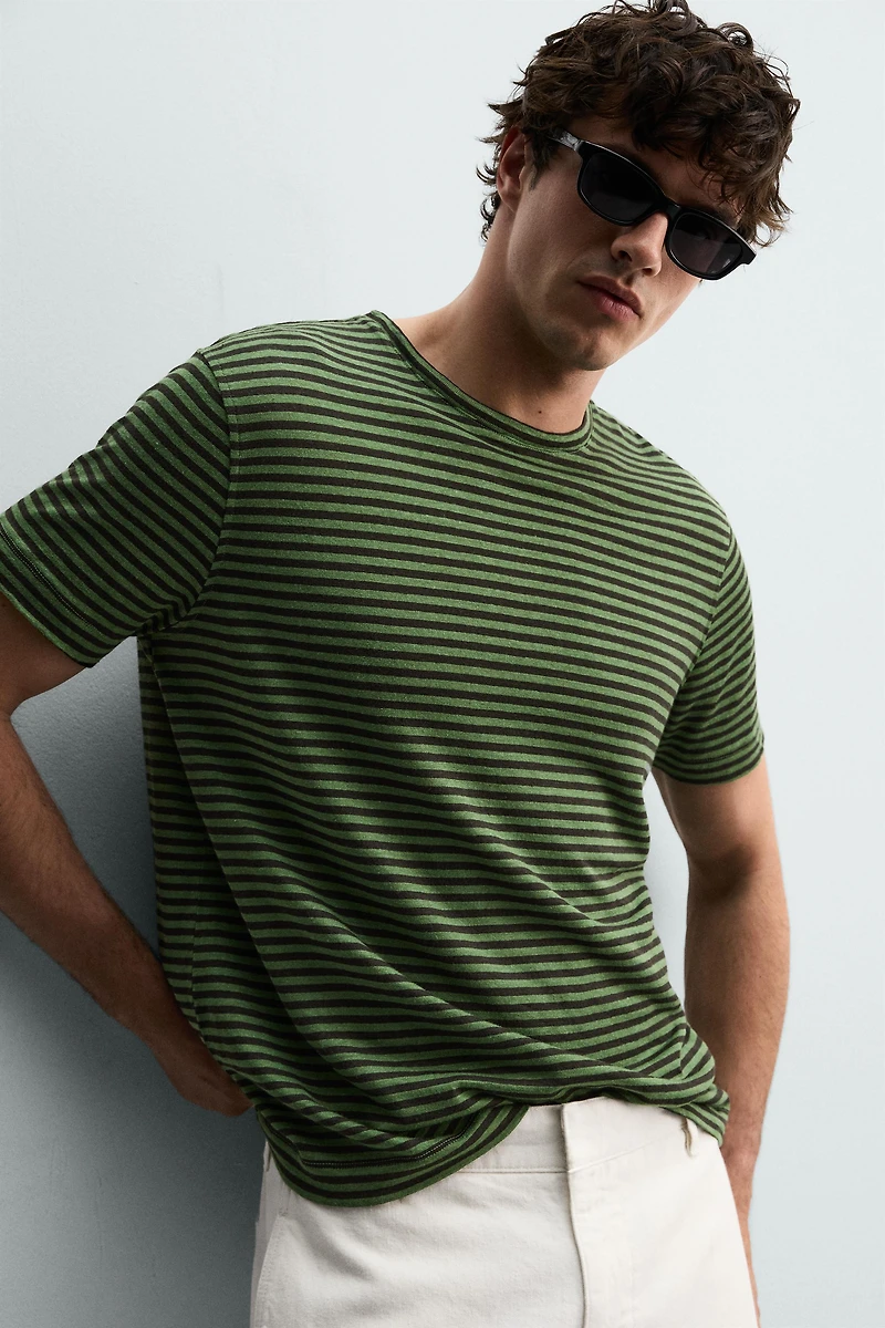 REGULAR FIT STRIPED LINEN BLEND T-SHIRT