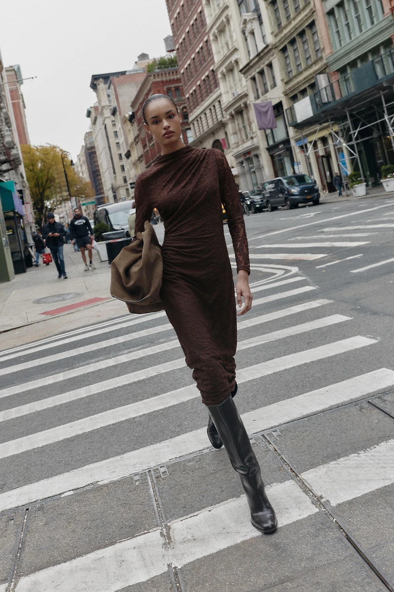 POINTELLE DRAPED MIDI DRESS