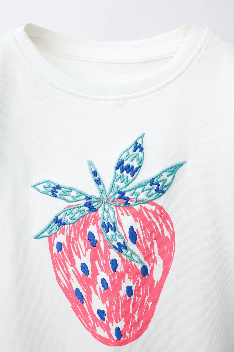 FRUIT PRINT AND EMBROIDERED T-SHIRT
