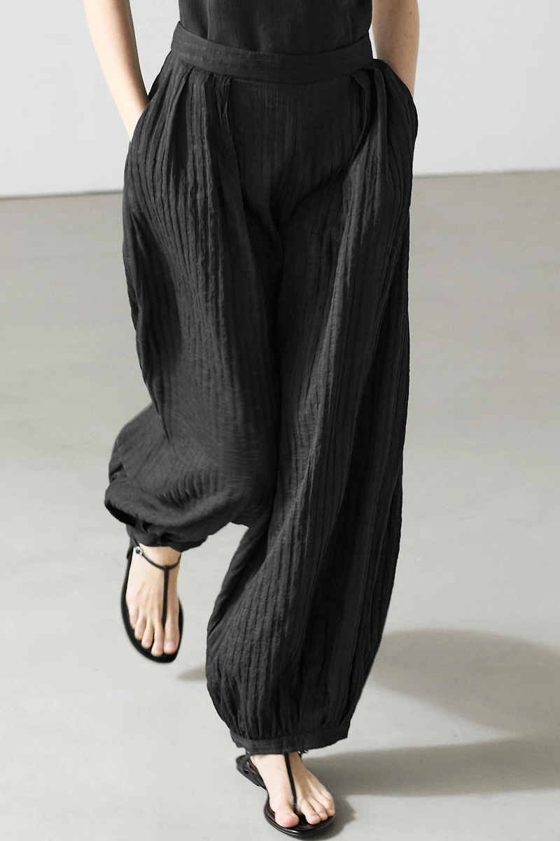 Flowing linen-blend drop crotch pants