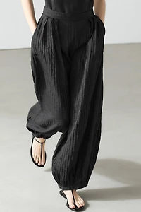 Flowing linen-blend drop crotch pants