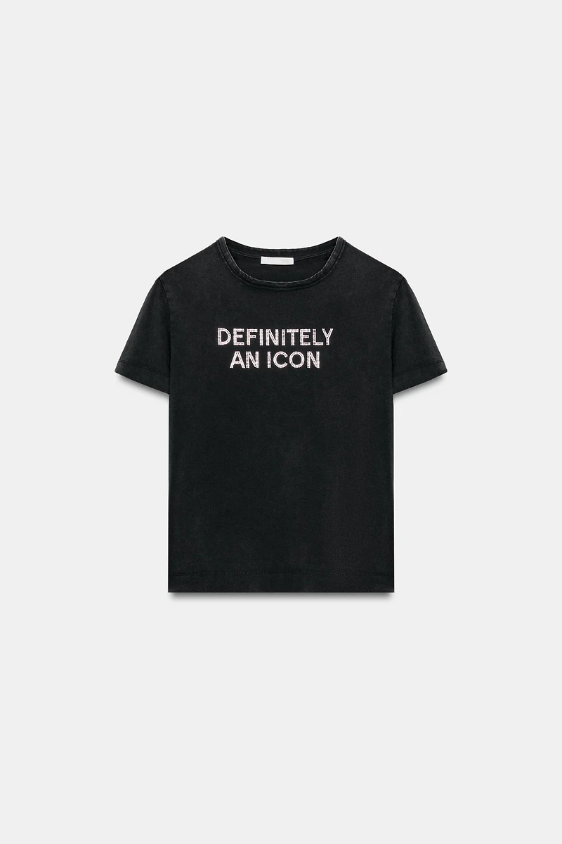 WASHED EFFECT SPARKLY TEXT T-SHIRT