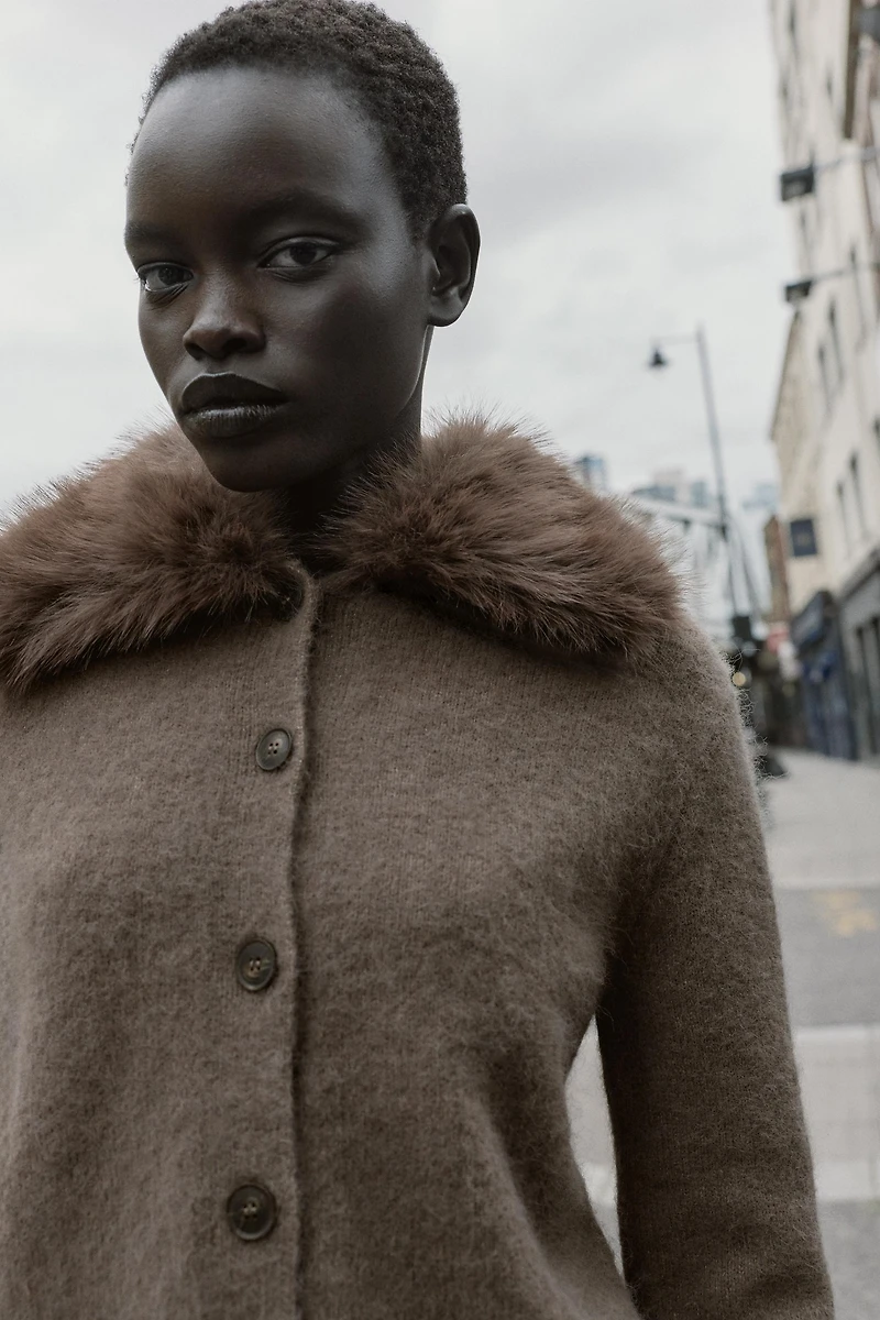 CARDIGAN WITH FAUX FUR LAPEL
