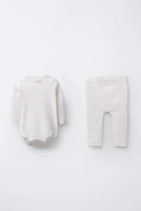 BEAR PATCH AND STRIPED BODYSUIT LEGGINGS SET