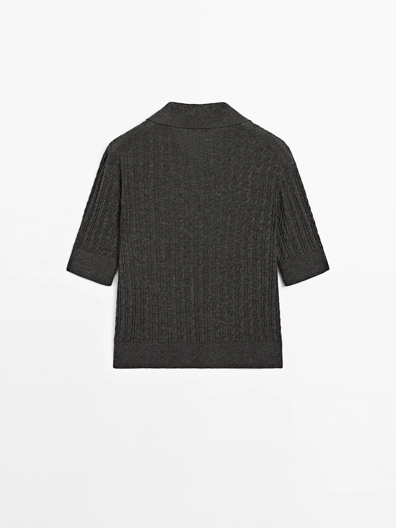 Wool blend cable-knit polo shirt