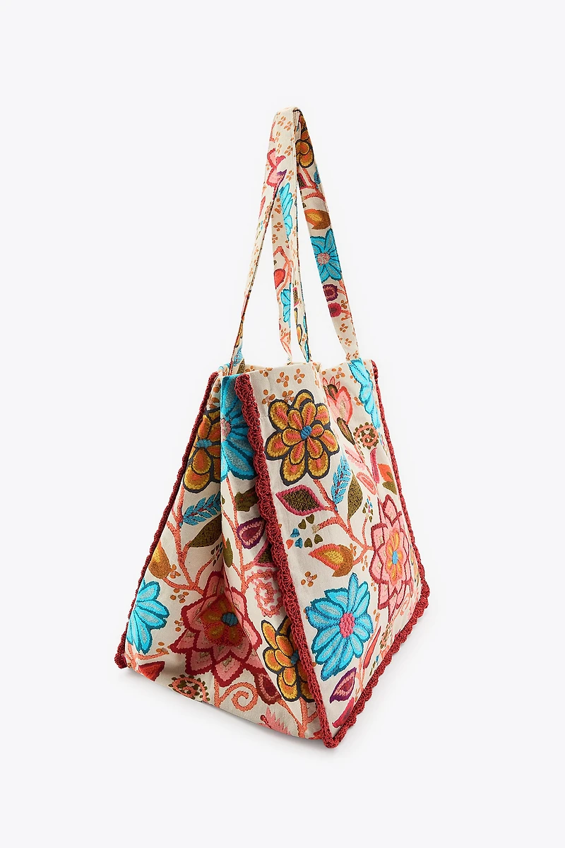 EMBROIDERED FLORAL PRINT MAXI BAG