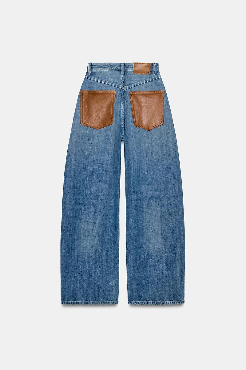 TRF WIDE LEG HIGH-WAISTED JEANS WITH FAUX LEATHER POCKETS