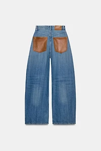 TRF WIDE LEG HIGH-WAISTED JEANS WITH FAUX LEATHER POCKETS
