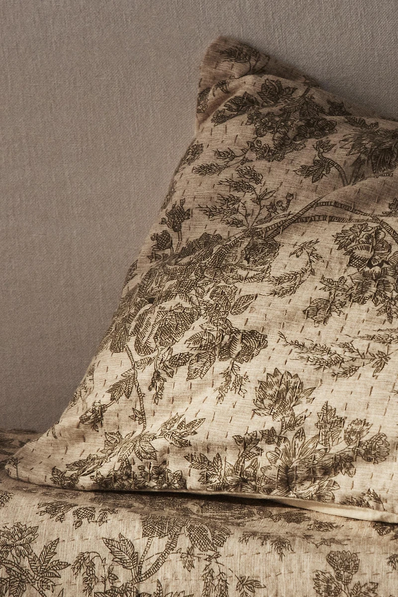 LINEN AND COTTON THROW FLORAL PILLOW COVER