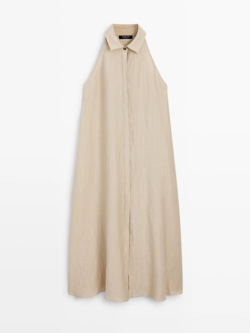 Linen blend polo collar midi dress