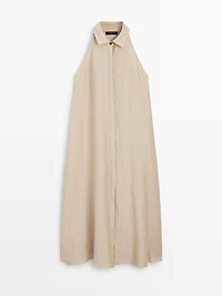 Linen blend polo collar midi dress