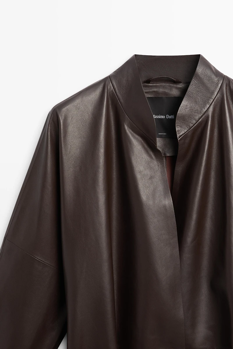 Wrap-front nappa leather jacket with tie detail