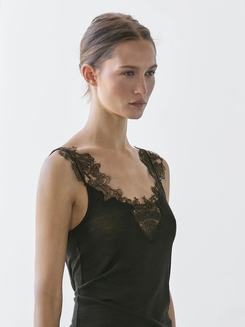 Strappy knit top with lace trim detail