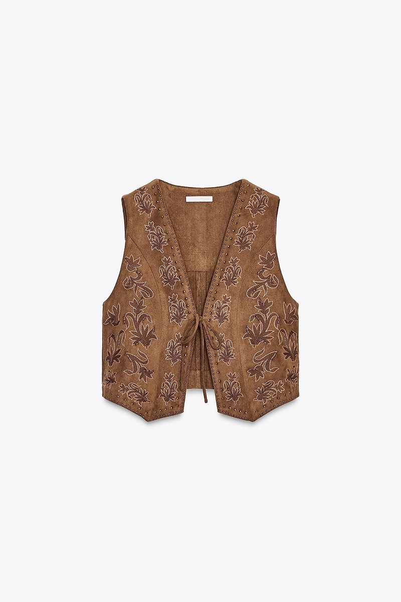 GILET EFFET DAIM BRODÉ AVEC FANTAISIE