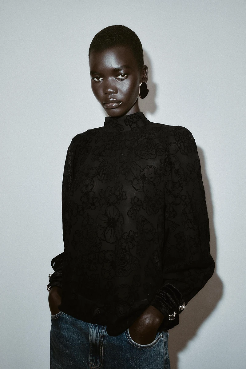 BLOUSE NŒUD SEMI-TRANSPARENTE VELOURS