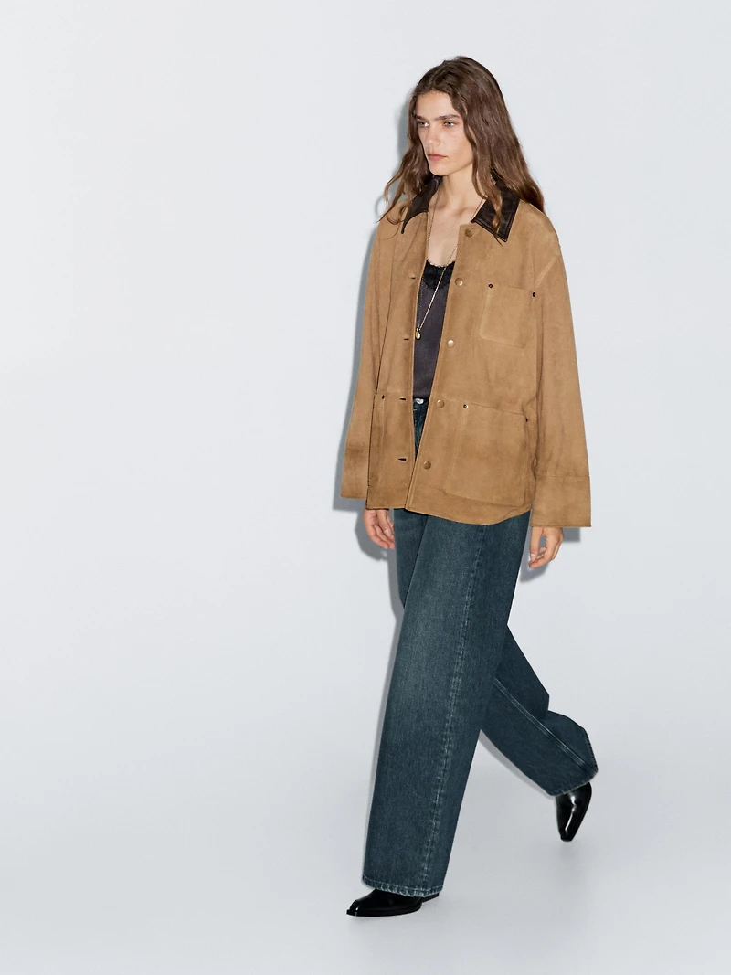 Veste col contrastant en cuir effet daim