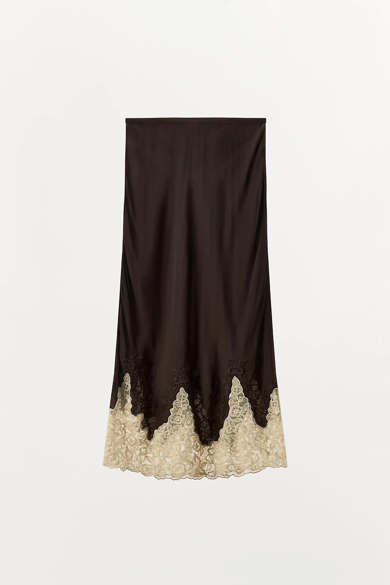 100% VISCOSE EMBROIDERED LACE MIDI SKIRT