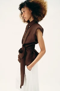 LINEN BELTED SHOULDER PAD TOP