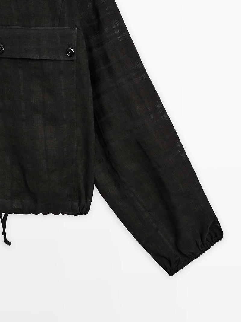 Linen blend check bomber jacket