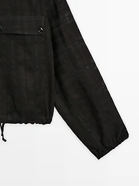 Linen blend check bomber jacket