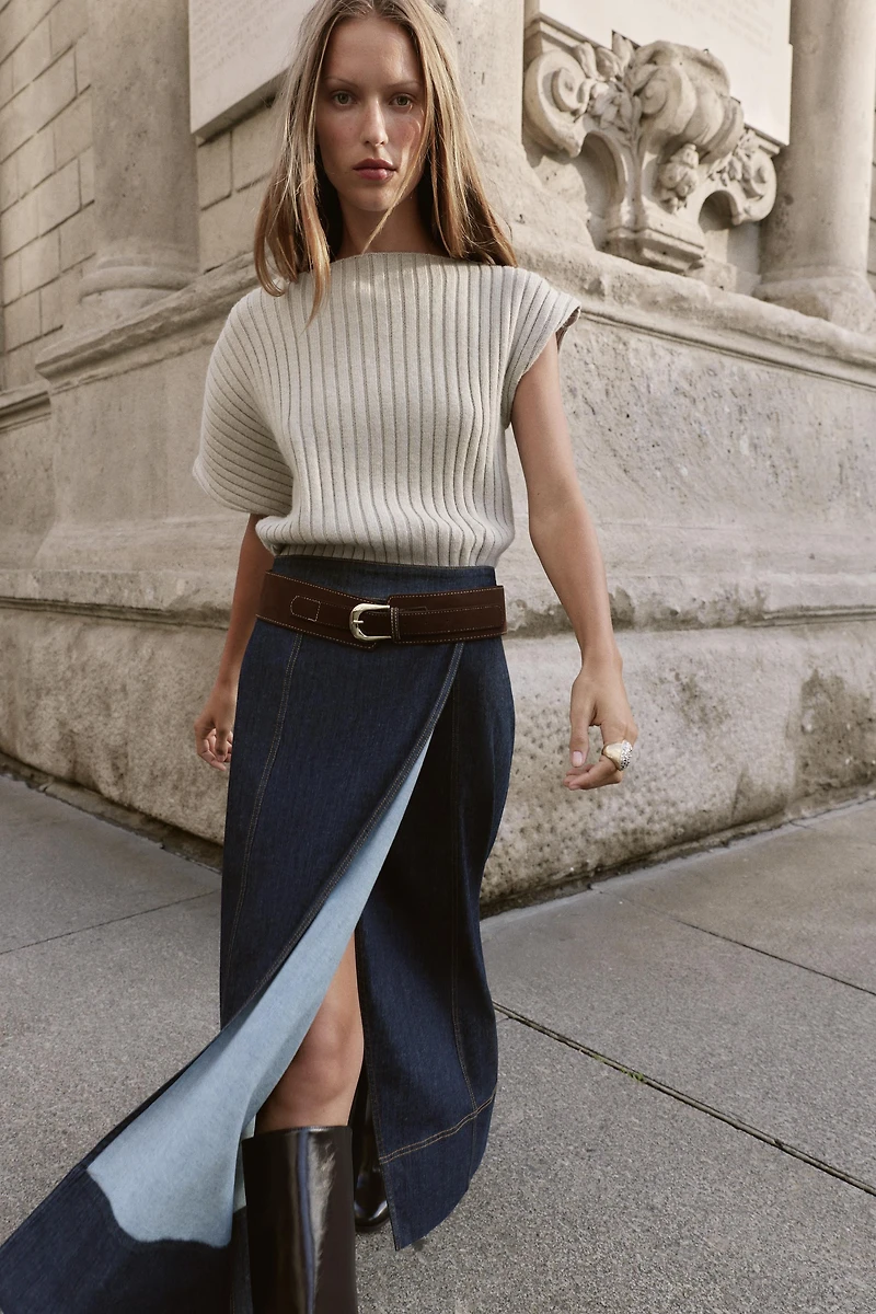 Z1975 BELTED DENIM MIDI WRAP SKIRT