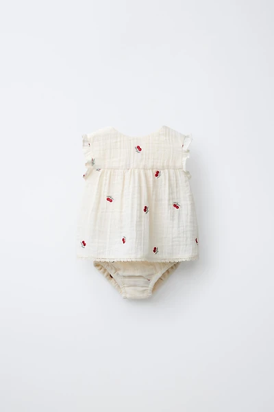 EMBROIDERED CHERRY TEXTURED BLOUSE AND BLOOMERS SET