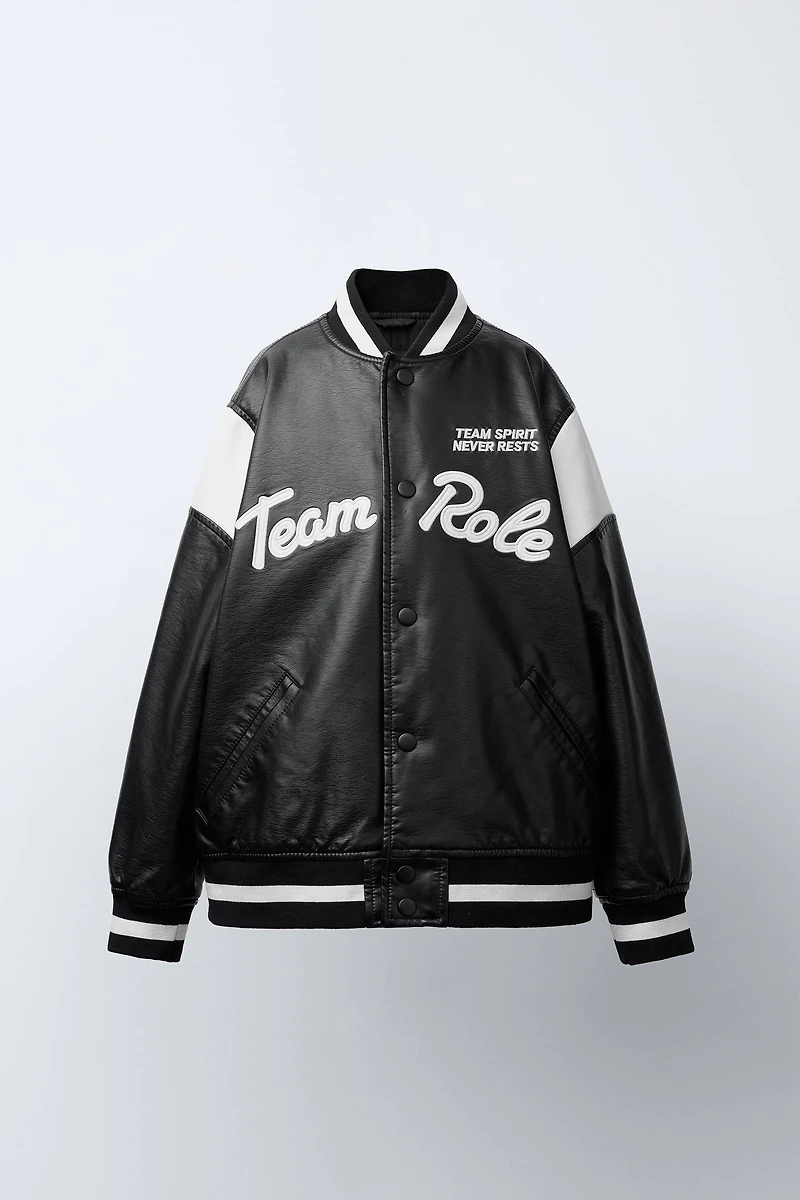 FAUX LEATHER BOMBER JACKET WITH EMBROIDERED TEXT